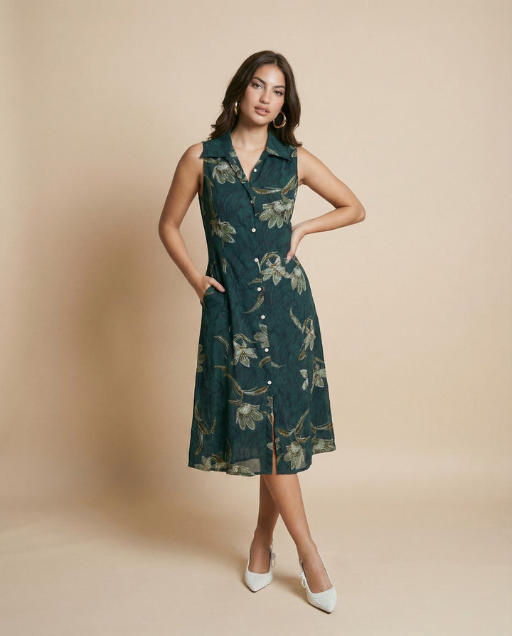 Green Printed Rayon Midi Dress