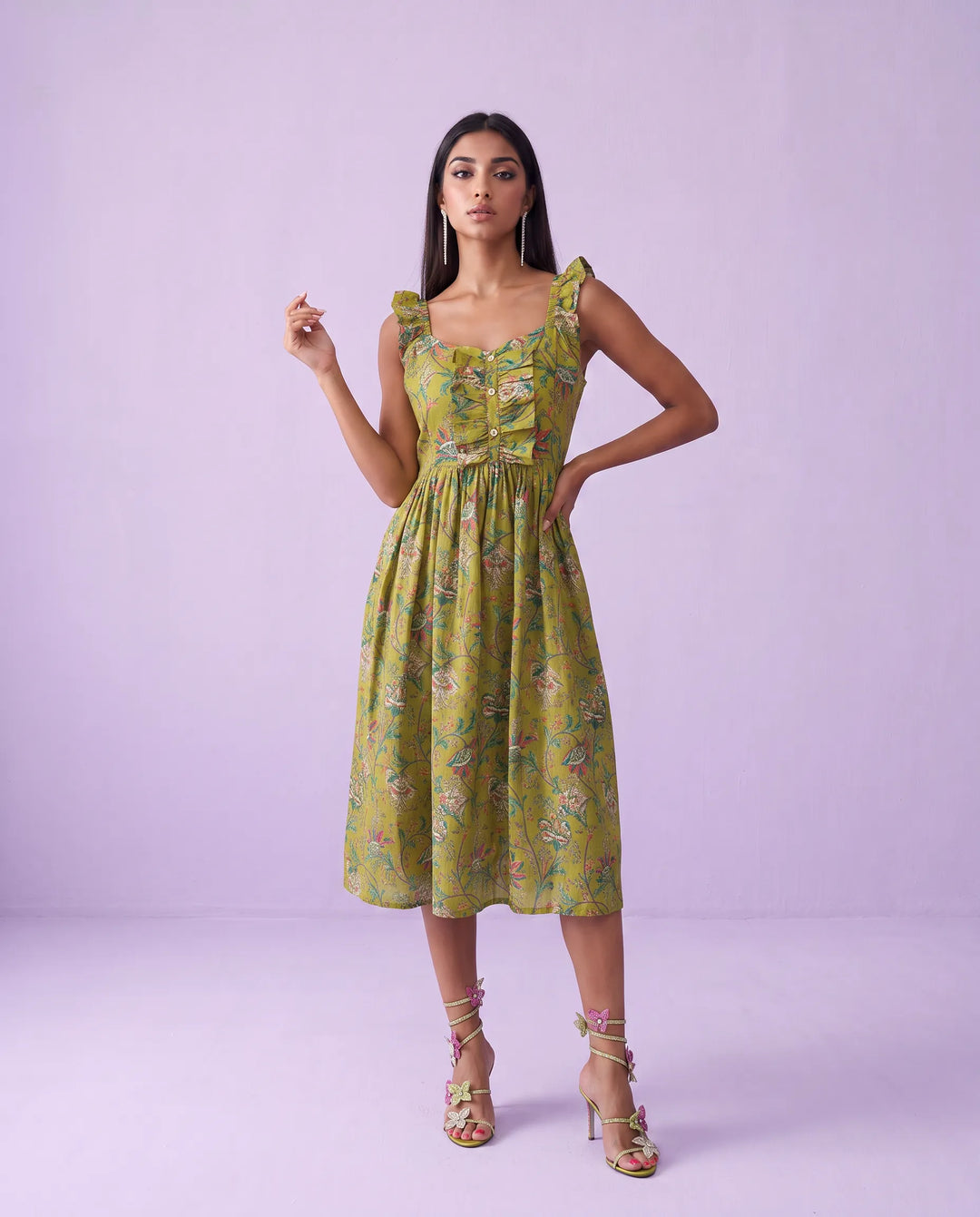 Green Printed Cotton Blended Midi Dress
