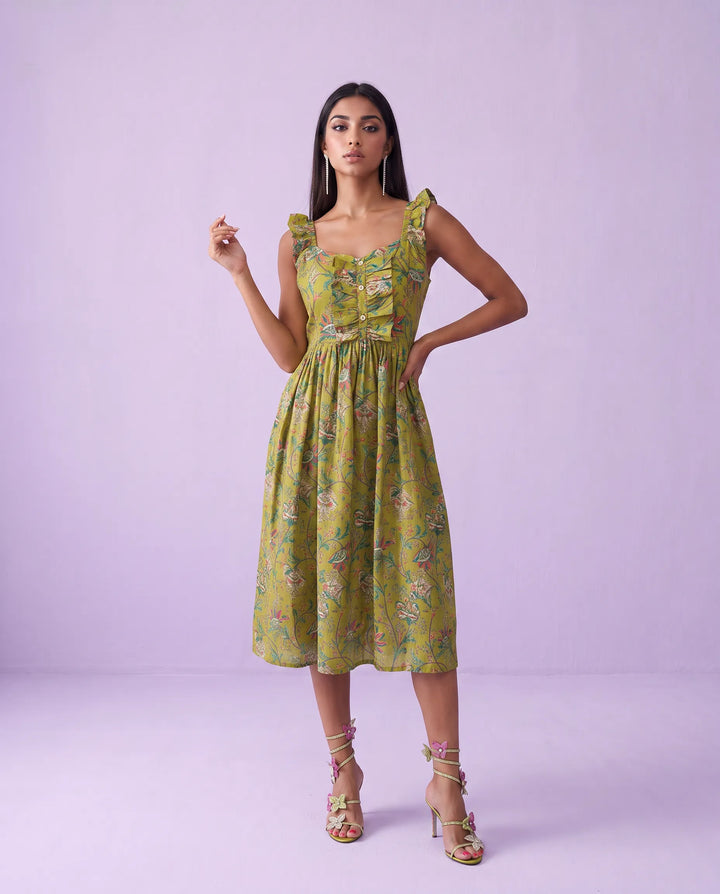 Green Printed Cotton Blended Midi Dress