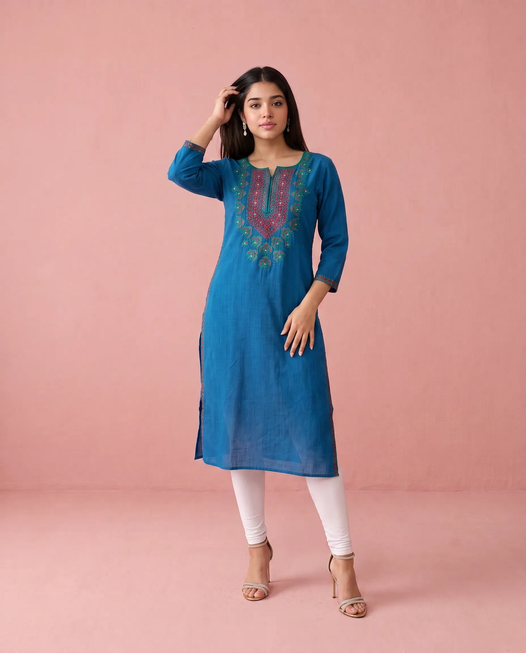 Navy Embroidered Cotton Straight cut Long Kurta