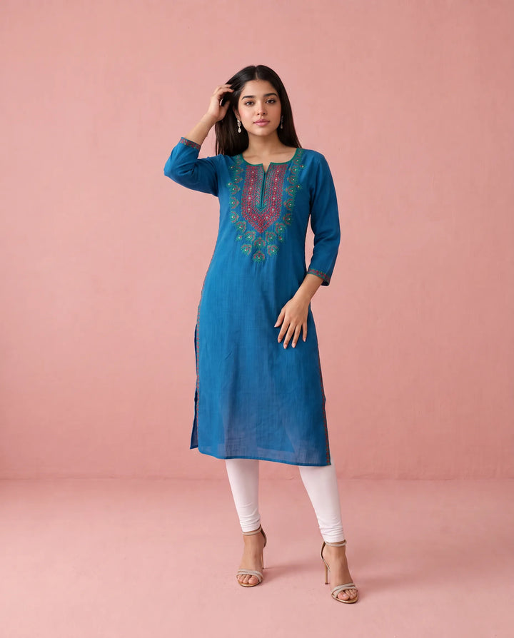 Navy Embroidered Cotton Straight cut Long Kurta