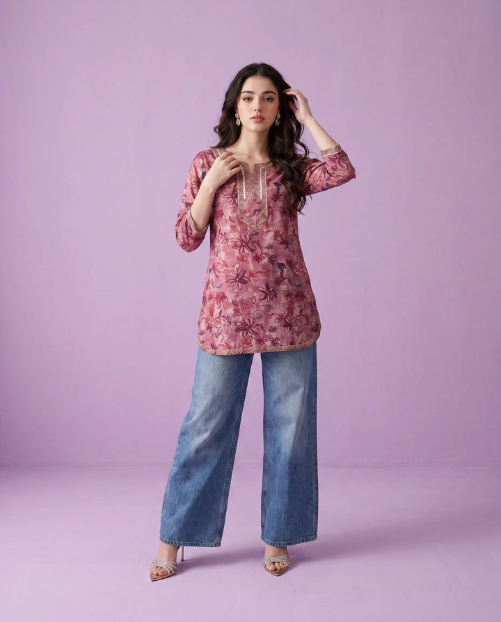 Violet Printed Viscose Blended Short Kurti