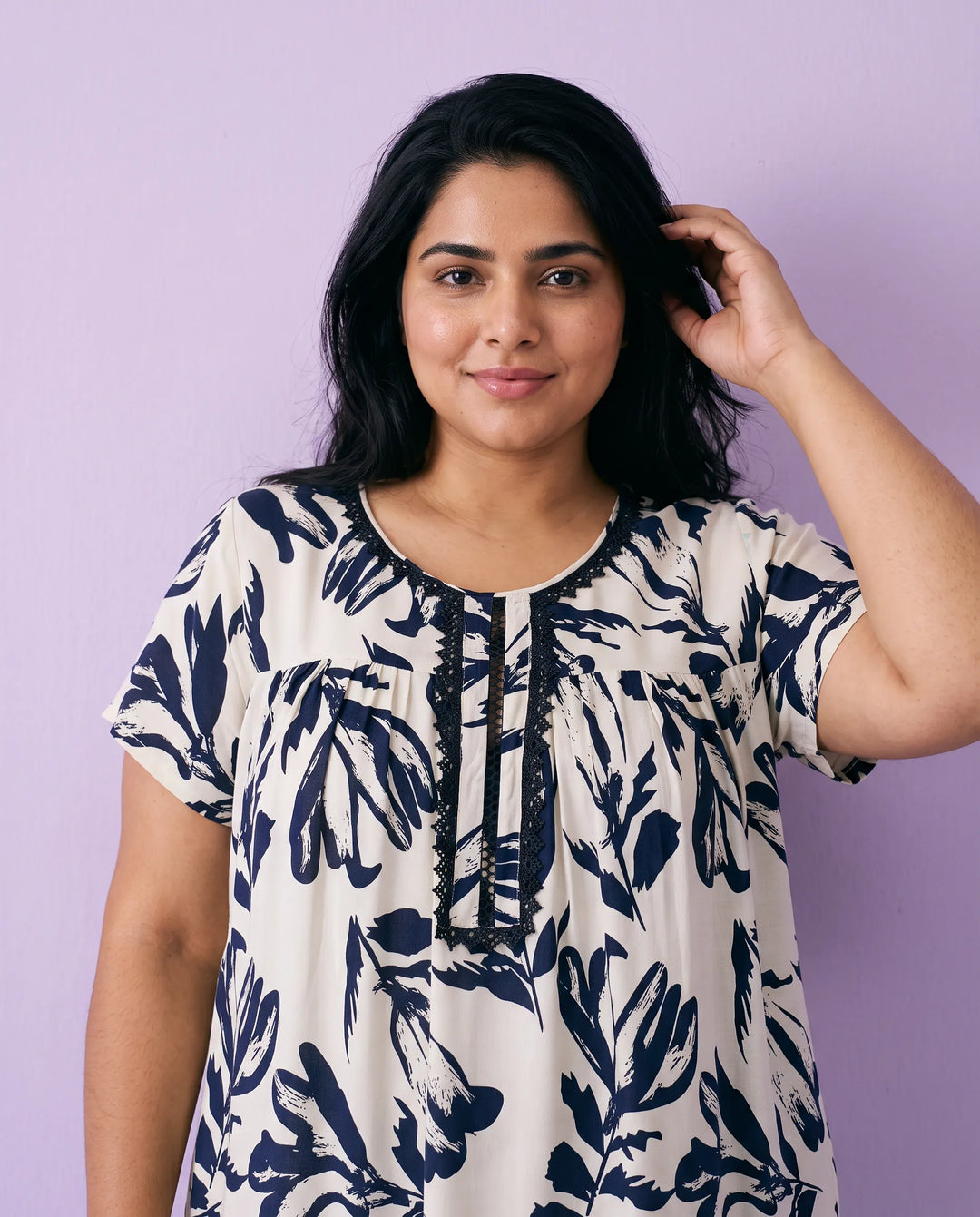 Navy Printed Super Soft Rayon Night Dress / Home Wear