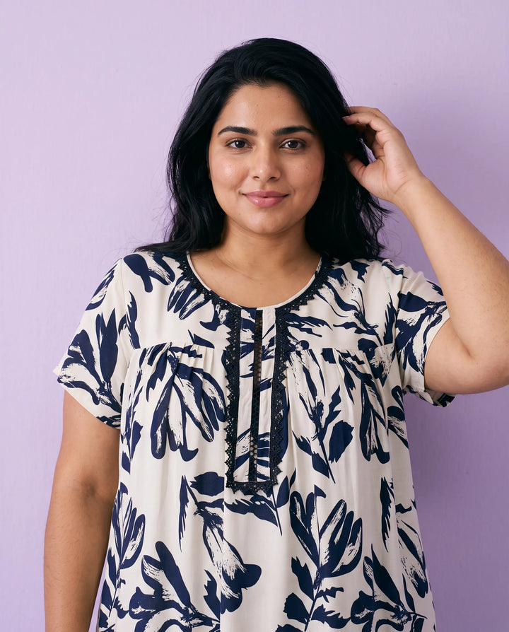 Navy Printed Super Soft Rayon Night Dress / Home Wear