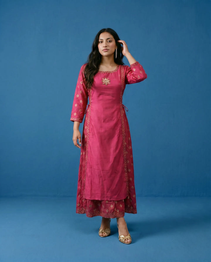 Magenta Printed Viscose Blended Maxi Dress