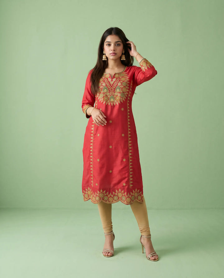 Red Embroidered Viscose Blended Straight cut Long Kurta