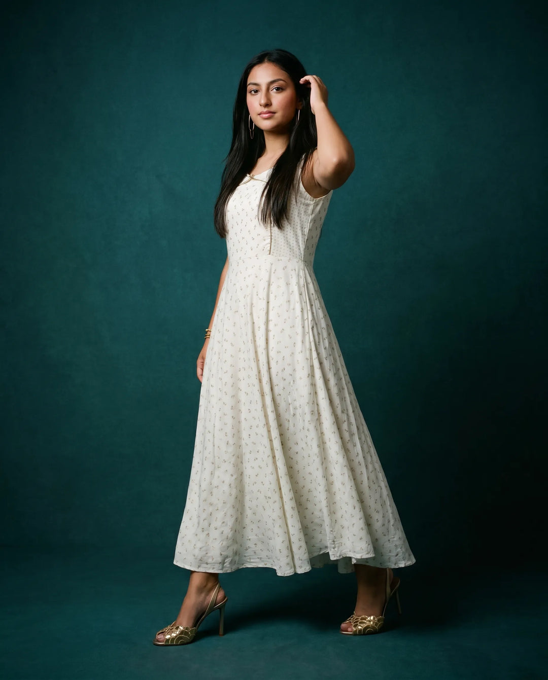 White Printed Rayon Sleeveless Maxi Dress