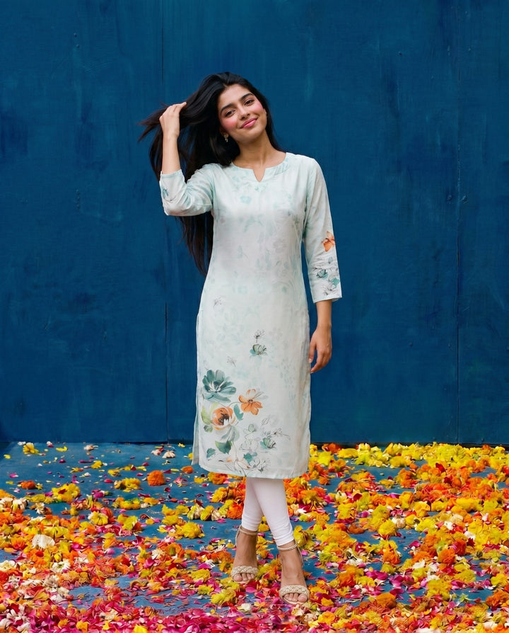 Blue Printed Crepe Silk Straight cut Long Kurta