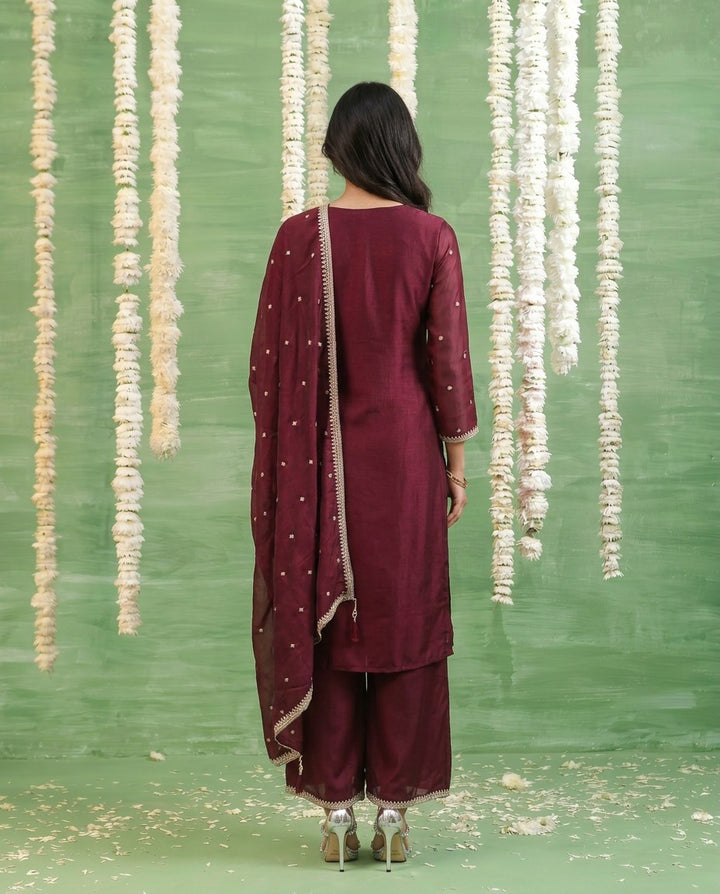 Wine Embriodered Silk Blended Kurta Bottom Dupatta Set