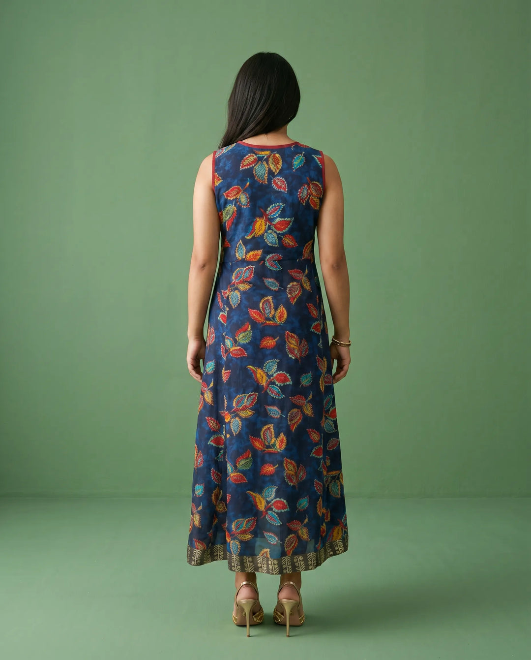 Navy Embriodered Viscose Blended Sleeveless Maxi Dress