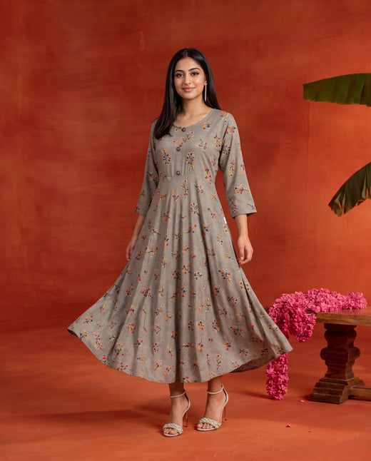Grey Printed Rayon Maxi Dress