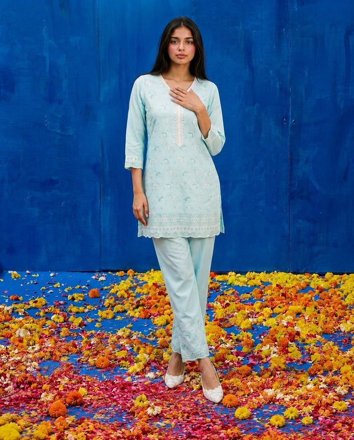 Sky Blue Embriodered Cotton Satin Co-Ord Set