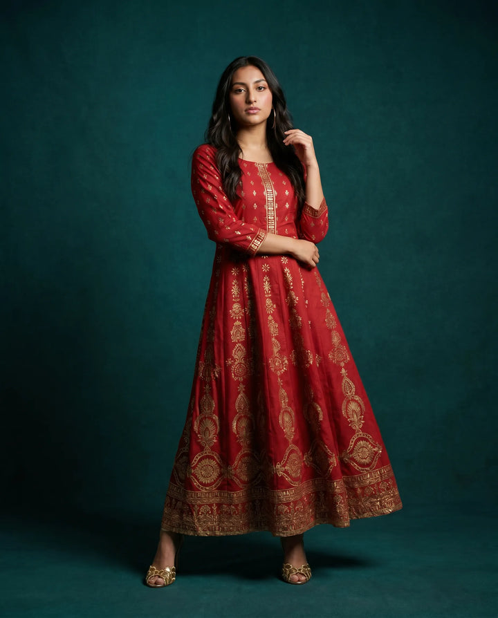 Maroon Printed Rayon Maxi Dress