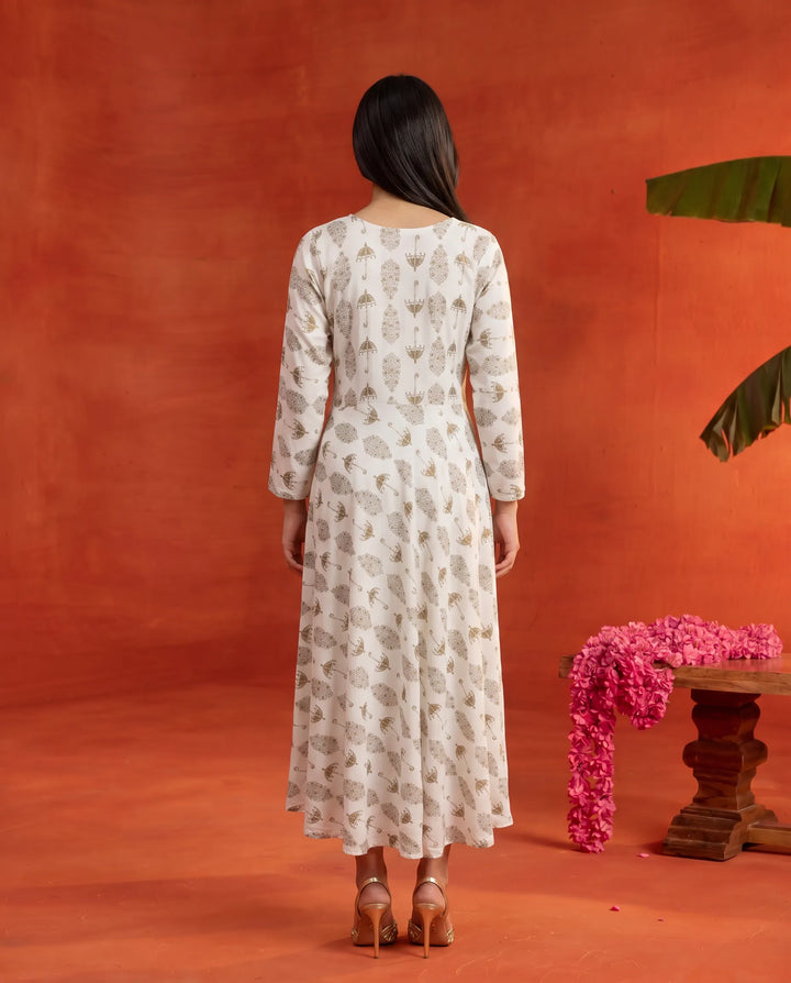White Printed Rayon Maxi Dress