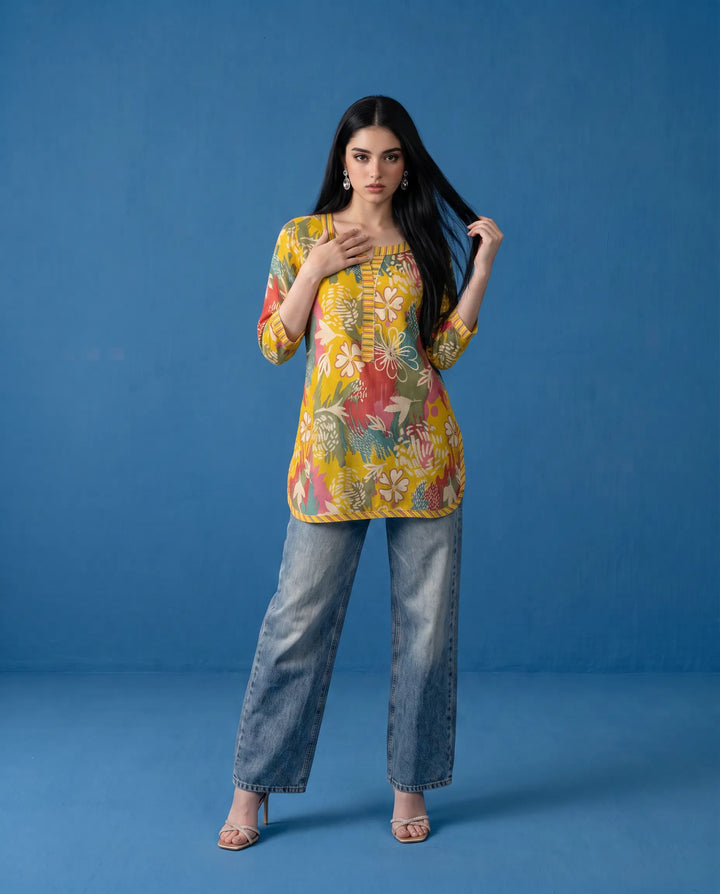Yellow Printed Viscose Blended Short Kurti