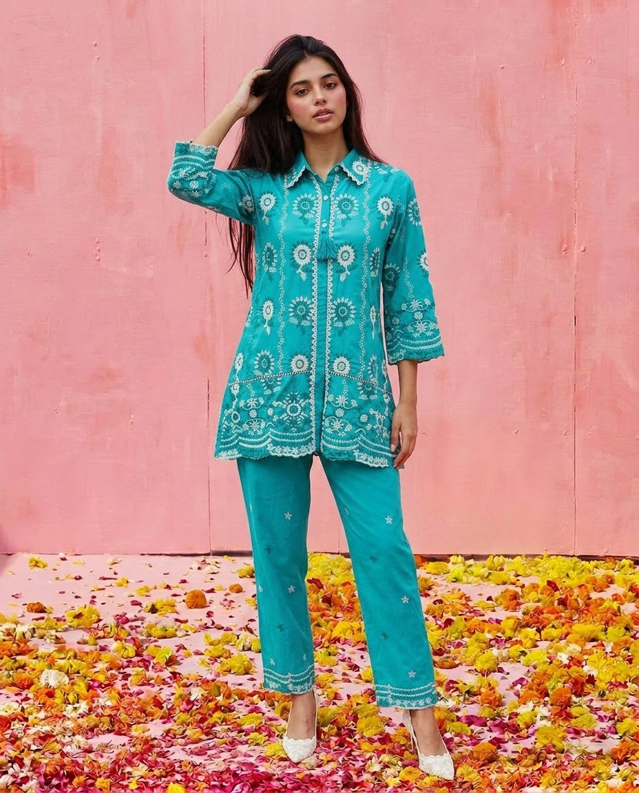 Turquoise Embroidered Cotton Satin Co-Ord Set