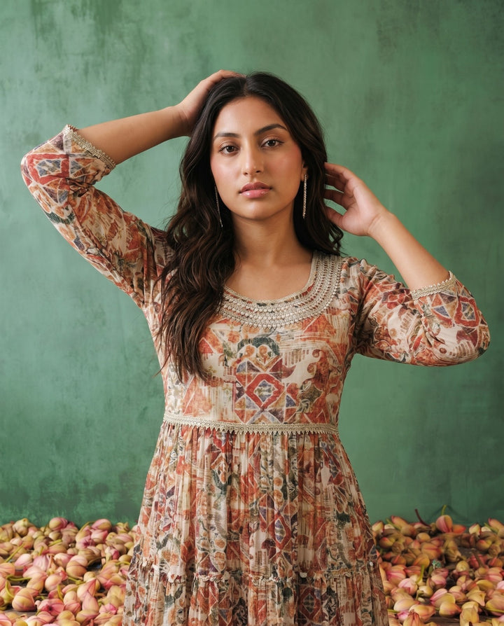 Multi-Colour Printed Silk Blended Maxi Dress