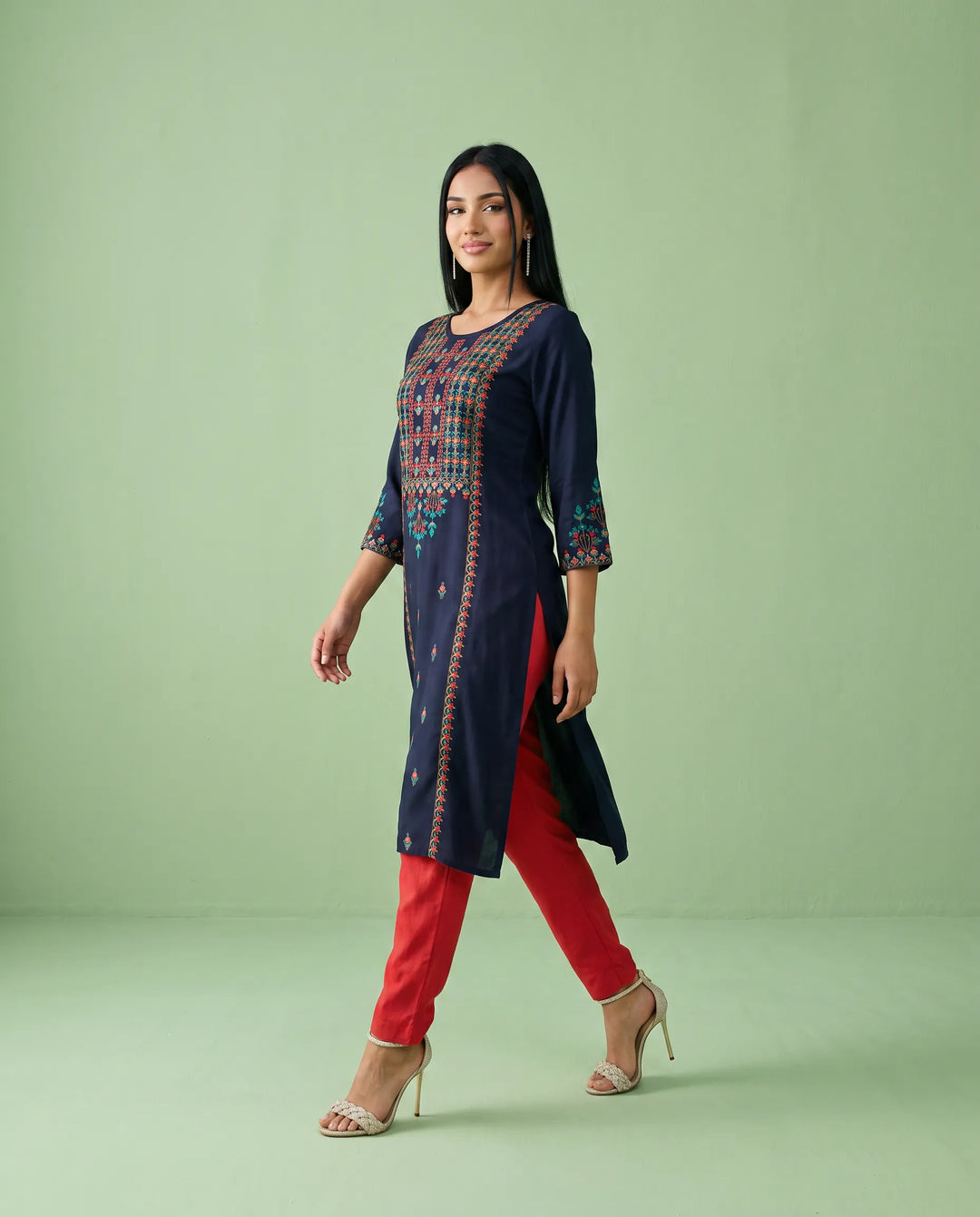 Navy Embroidered Rayon Straight cut Long Kurta