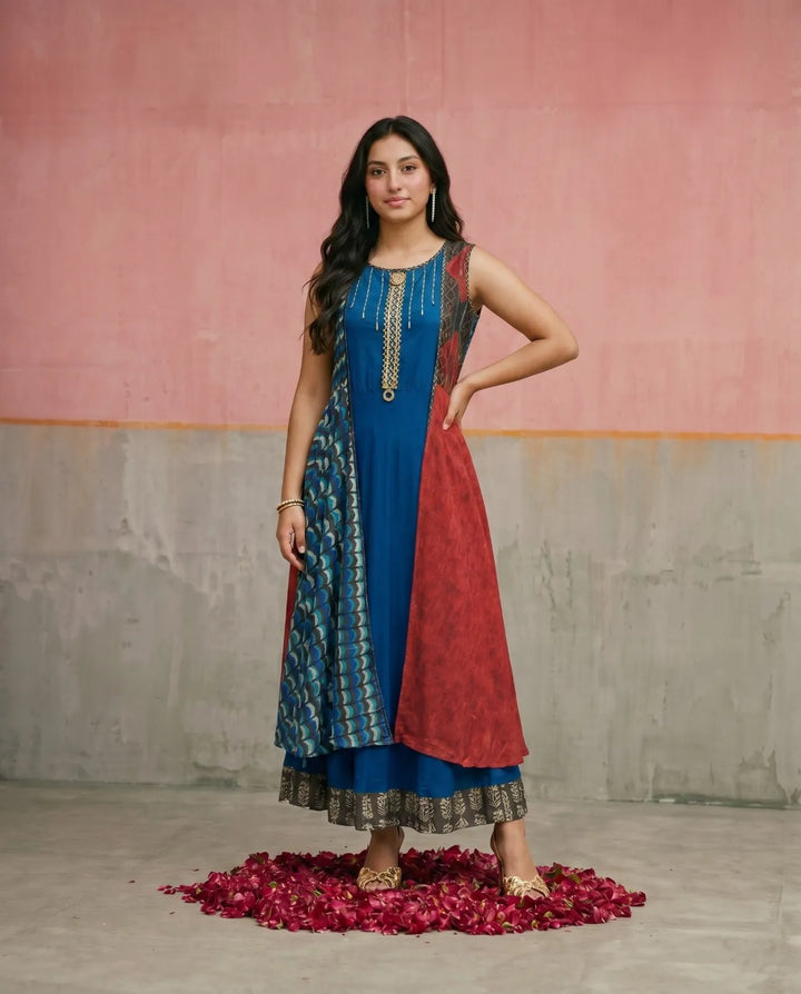 Navy Embriodered Rayon Sleeveless Maxi Dress