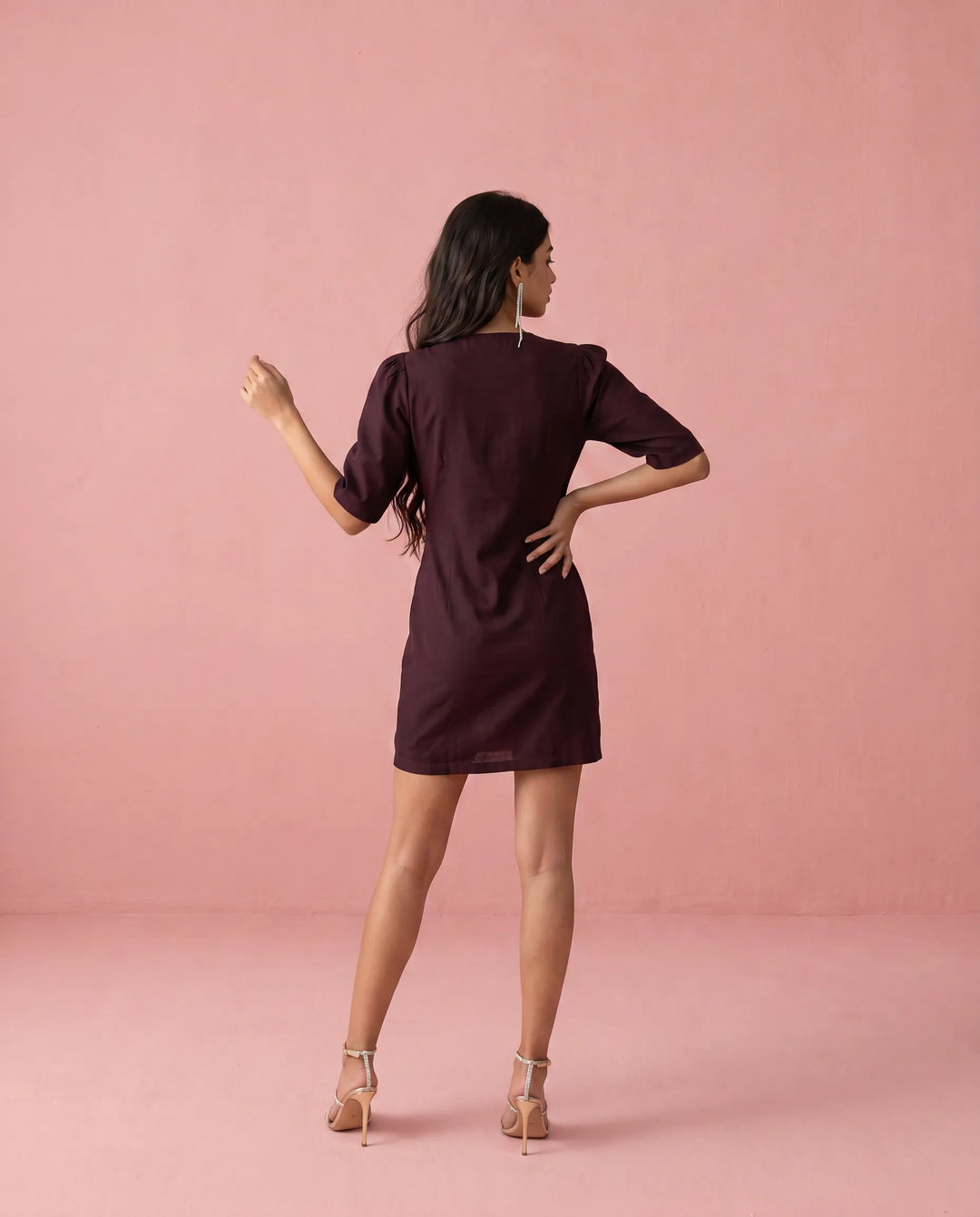 Wine Solid Viscose Blended Midi Dress