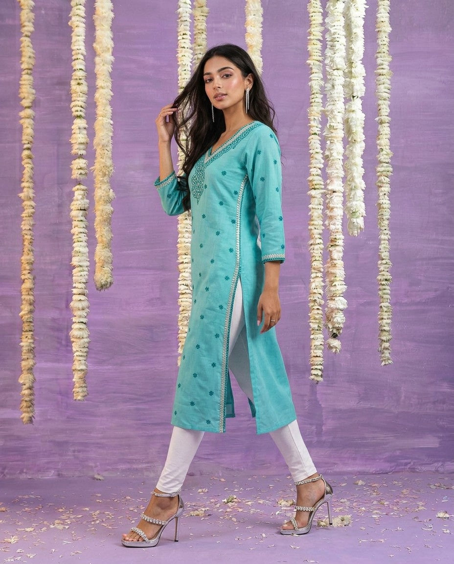Sky Blue Embroidered Viscose Blended Straight cut Long Kurta