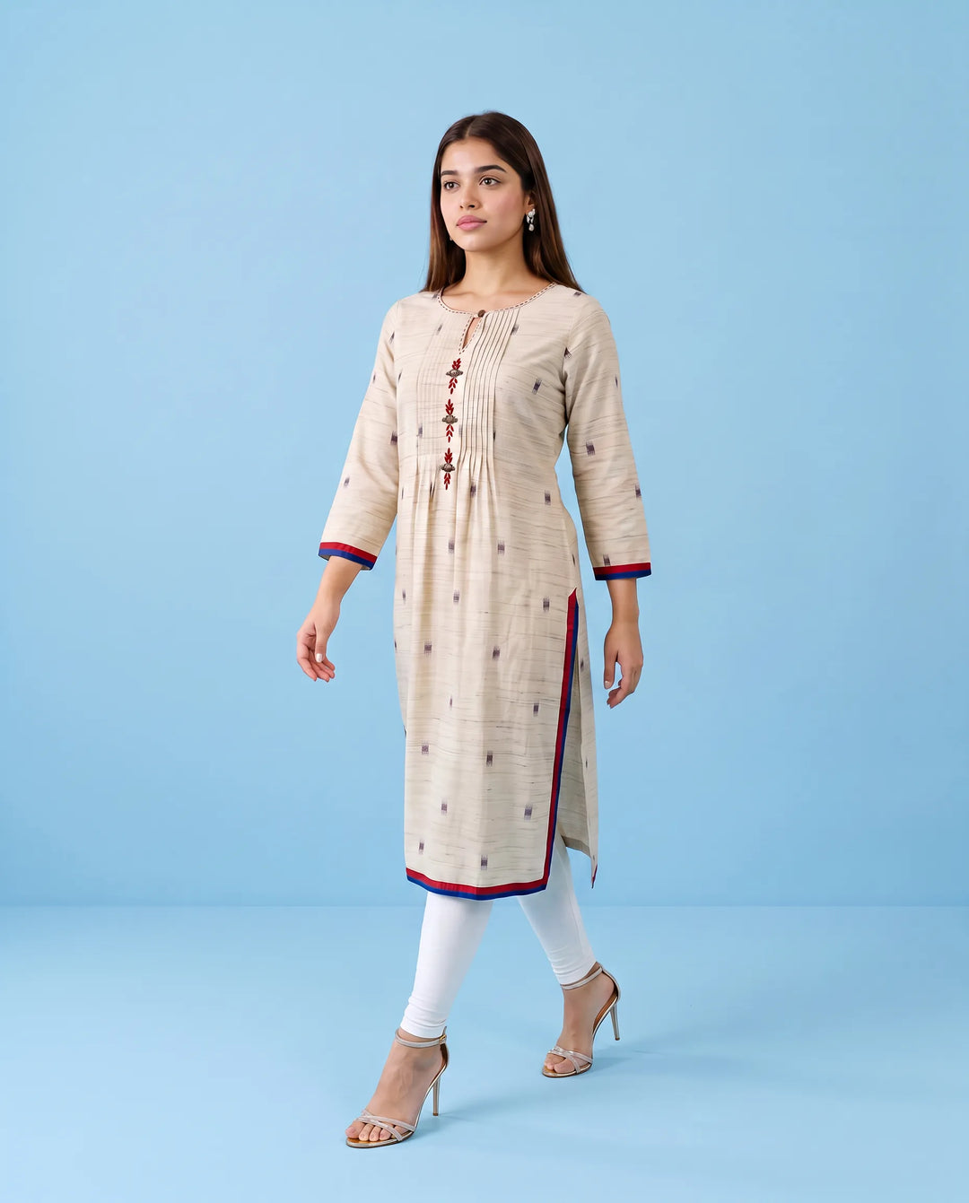 Beige Printed Cotton Blended Straight cut Long Kurta