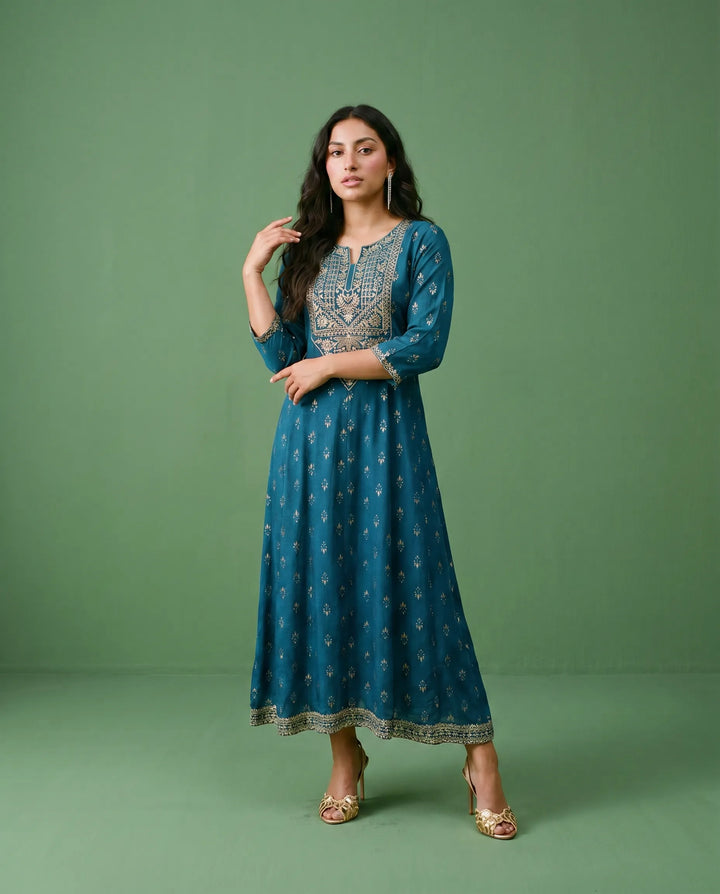 Blue Embriodered Rayon Maxi Dress