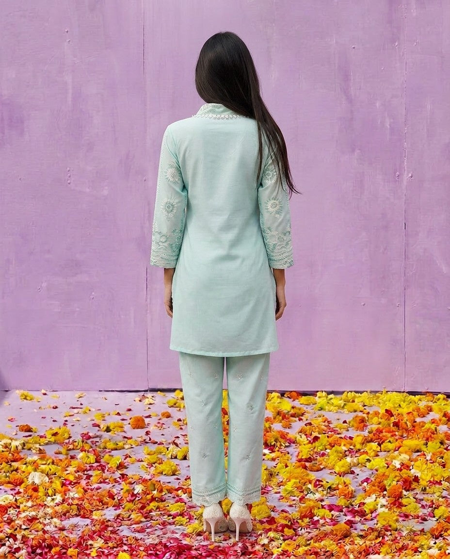 Sea Green Embroidered Cotton Satin Co-Ord Set
