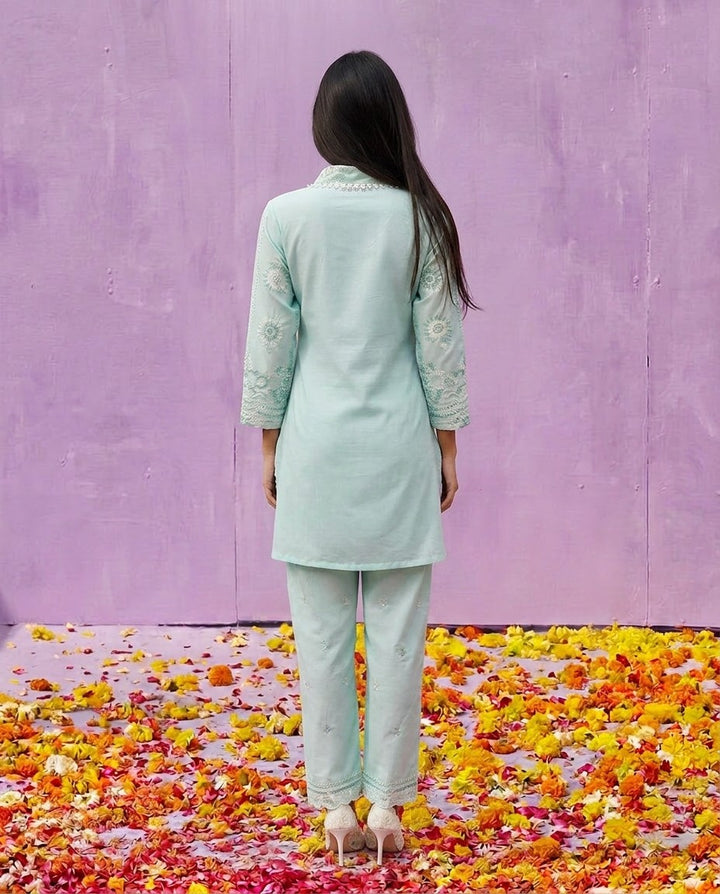 Sea Green Embroidered Cotton Satin Co-Ord Set