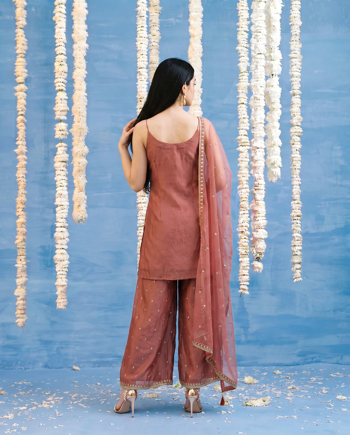 Pink Embroidered Silk Blended Spaghetti Strap Kurta Bottom Dupatta Set