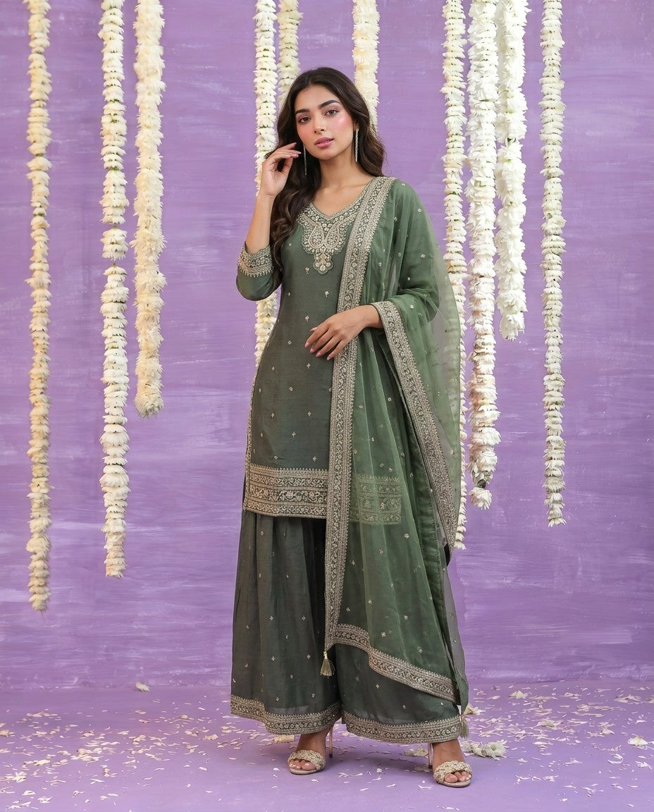 Olive Embriodered Silk Blended Kurta Bottom Dupatta Set
