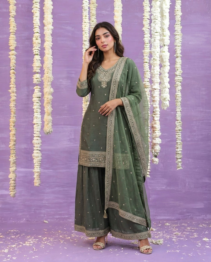 Olive Embriodered Silk Blended Kurta Bottom Dupatta Set