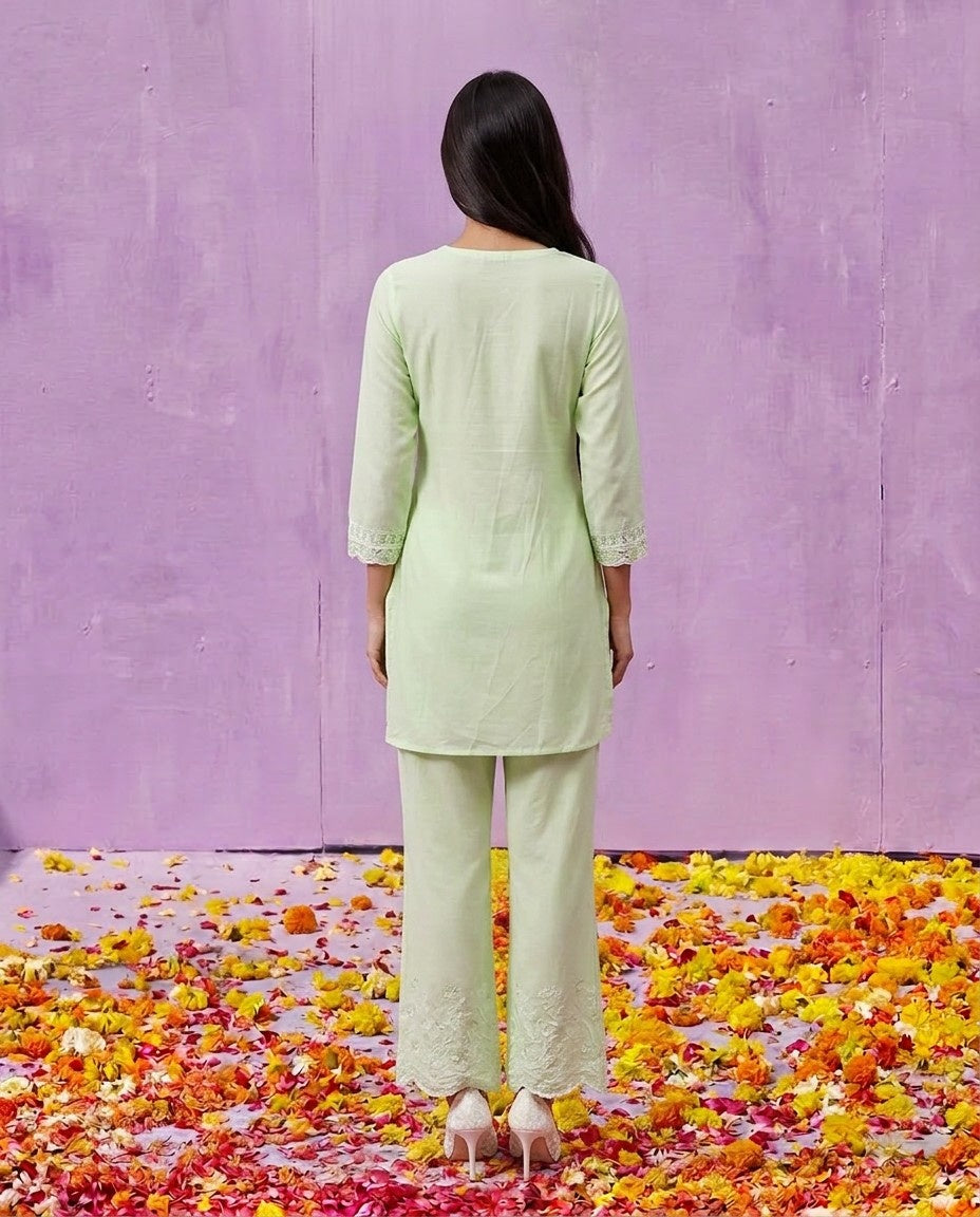 Lime Green Embriodered Cotton Satin Co-Ord Set