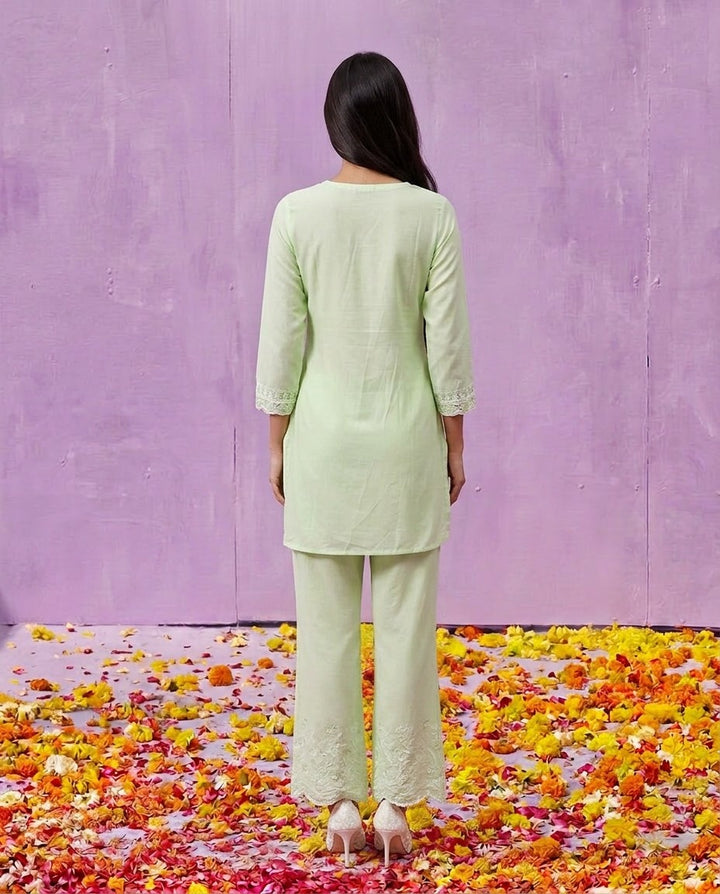Lime Green Embriodered Cotton Satin Co-Ord Set