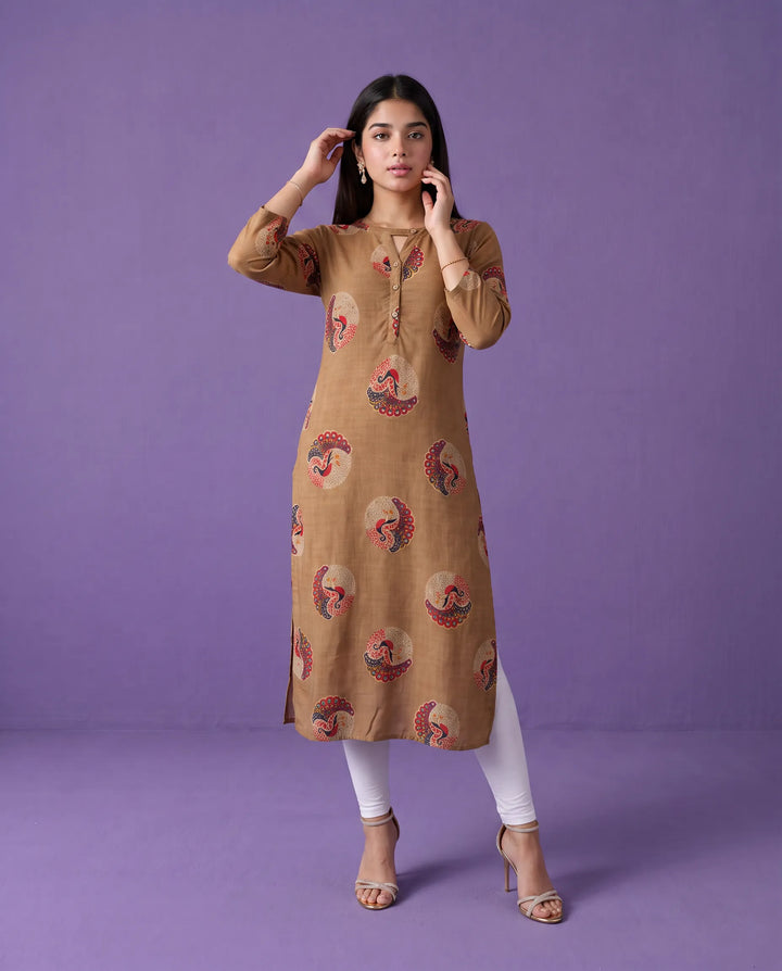 Brown Printed Rayon Straight cut Long Kurta