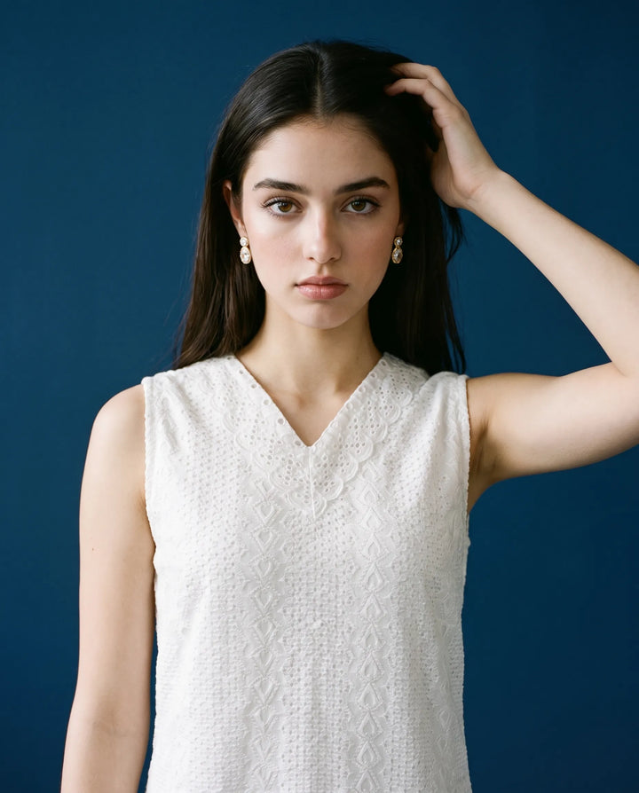 White Embroidered Cotton Midi Dress