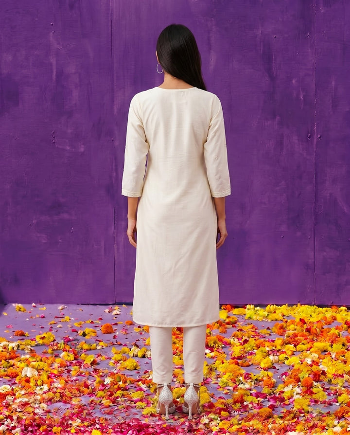 White Embroidered Viscose Blended Straight cut Long Kurta