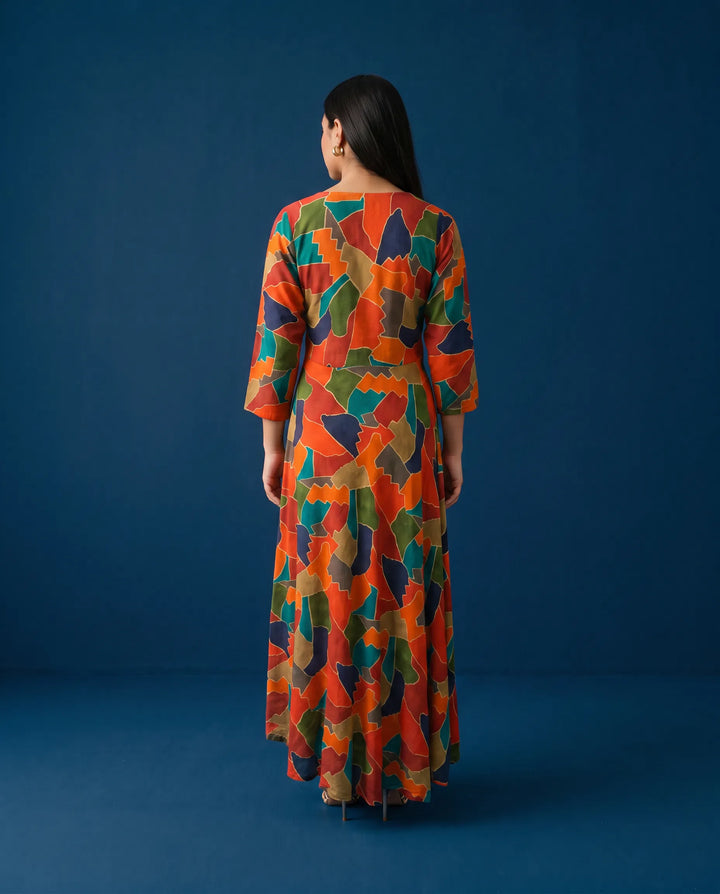 Multi Colour Printed Rayon Maxi Dress