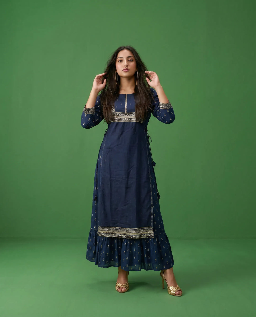 Navy Printed Viscose Blended Maxi Dress