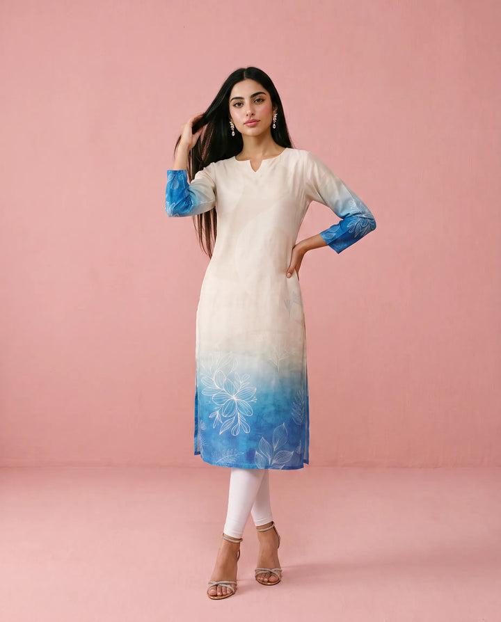 Cream and Royal Blue Printed Crepe Silk Straight cut Long Kurta