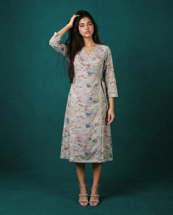 Grey Printed Viscose Blended Midi Dress