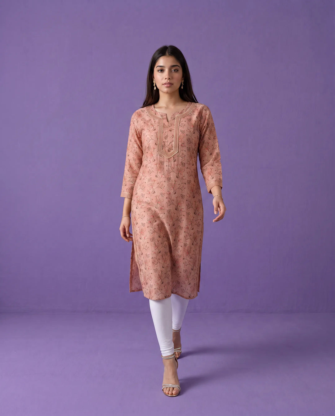 Peach Printed Viscose Blended Straight cut Long Kurta