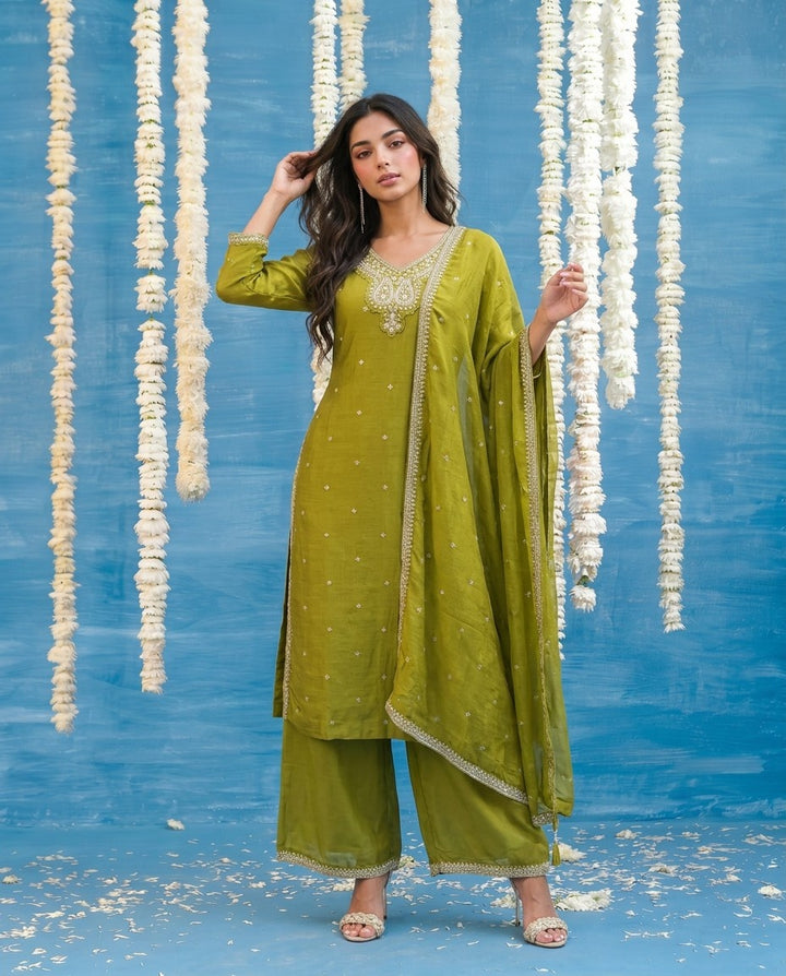 Olive Embriodered Silk Blended Kurta Bottom Dupatta Set