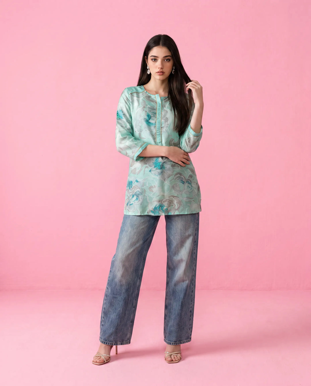 Turquoise Printed Crepe Silk Short Kurti