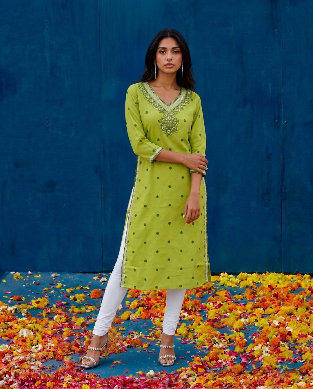 Green Embroidered Viscose Blended Straight cut Long Kurta