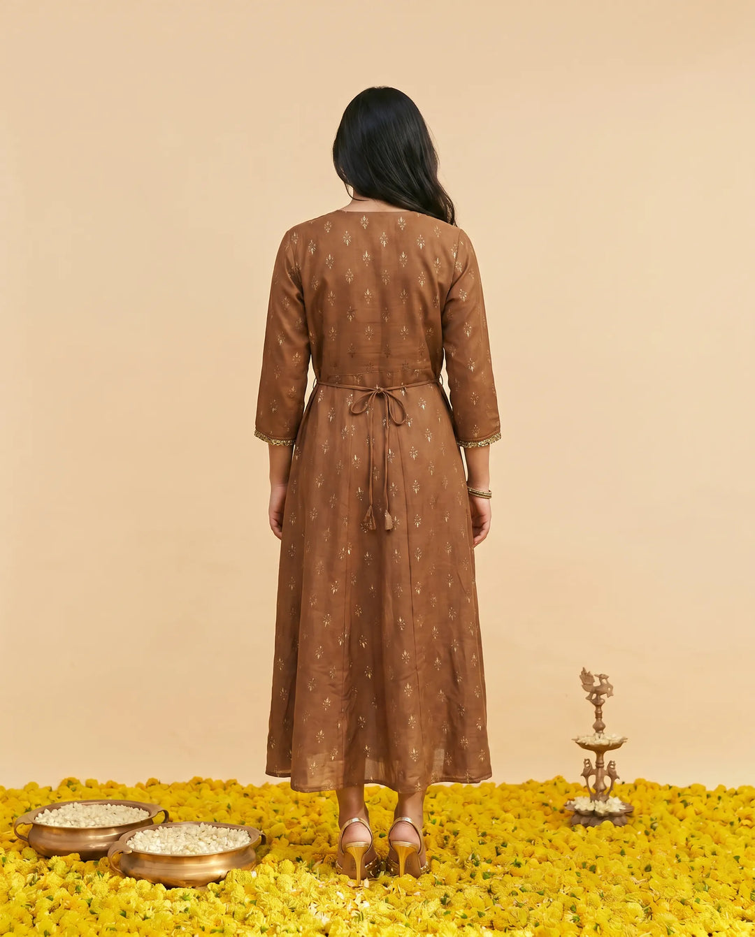 Brown Embriodered Rayon Maxi Dress