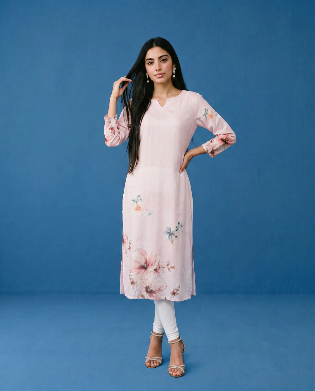 Pink Printed Crepe Silk Straight cut Long Kurta