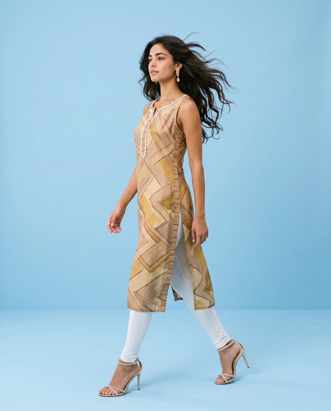 Beige Viscose Blended Sleeveless Straight cut Long Kurta
