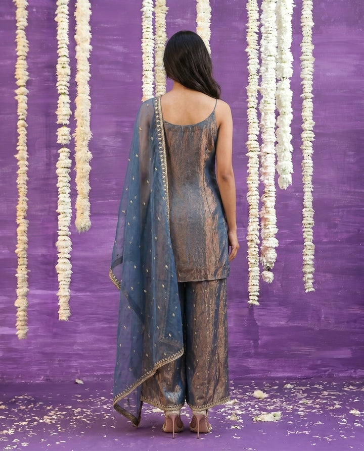 Grey Embriodered Silk Blended Spaghetti Strap Kurta Bottom Dupatta Set