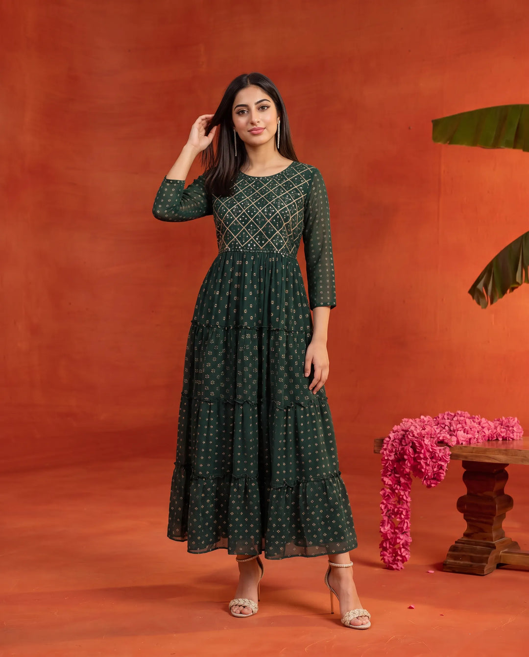 Bottle Green Embriodered Georgette Maxi Dress